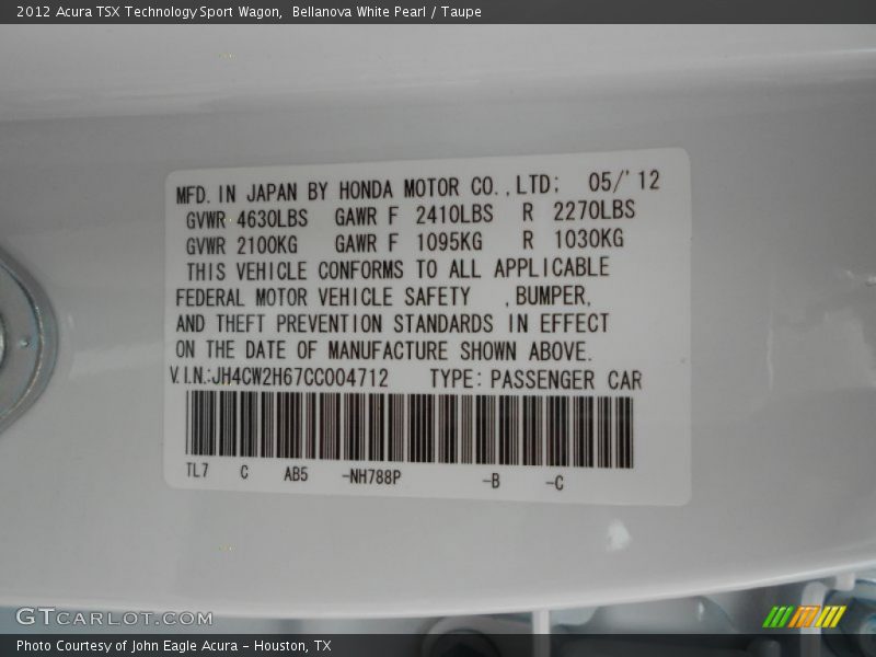 Bellanova White Pearl / Taupe 2012 Acura TSX Technology Sport Wagon