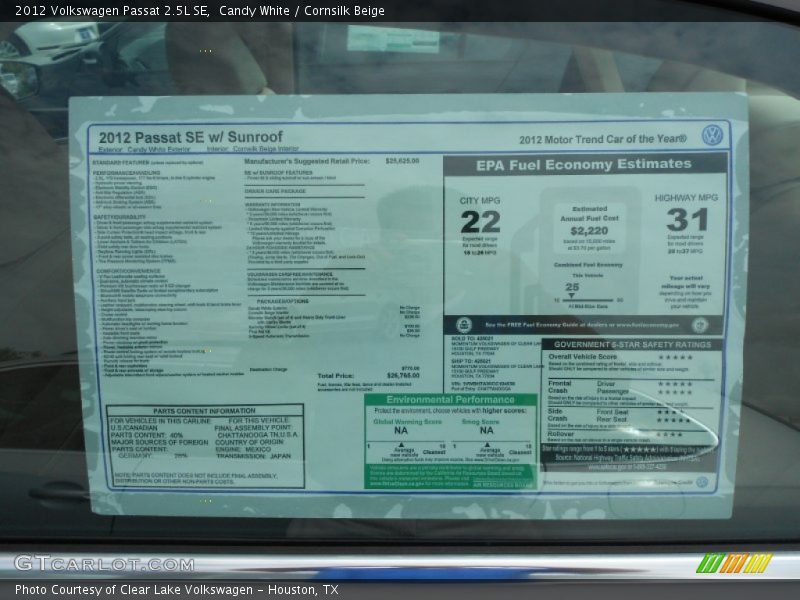 Candy White / Cornsilk Beige 2012 Volkswagen Passat 2.5L SE