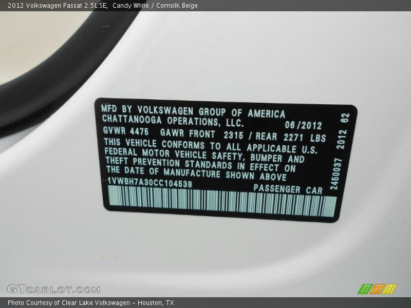 Candy White / Cornsilk Beige 2012 Volkswagen Passat 2.5L SE