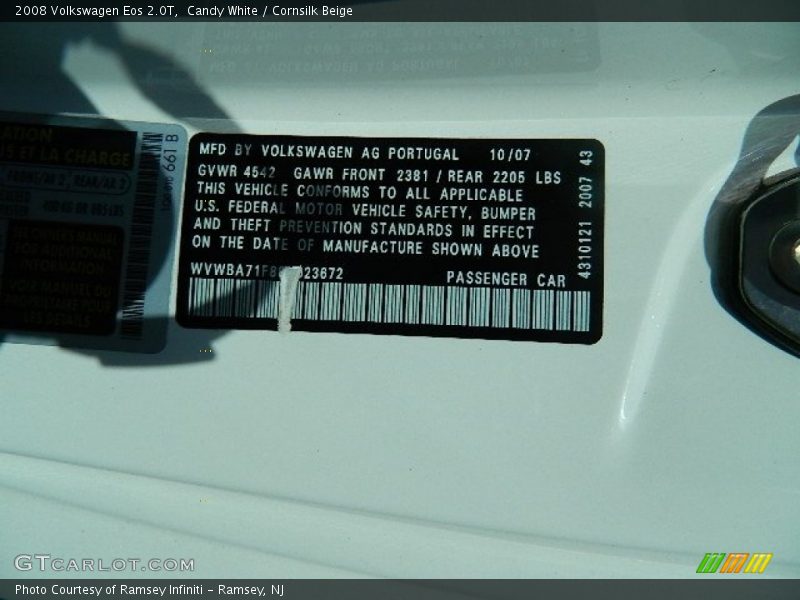 Candy White / Cornsilk Beige 2008 Volkswagen Eos 2.0T
