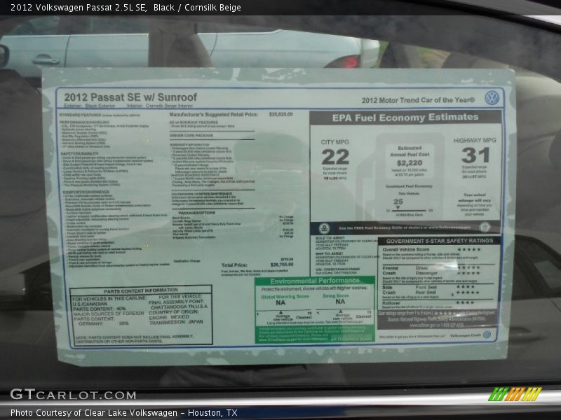 Black / Cornsilk Beige 2012 Volkswagen Passat 2.5L SE
