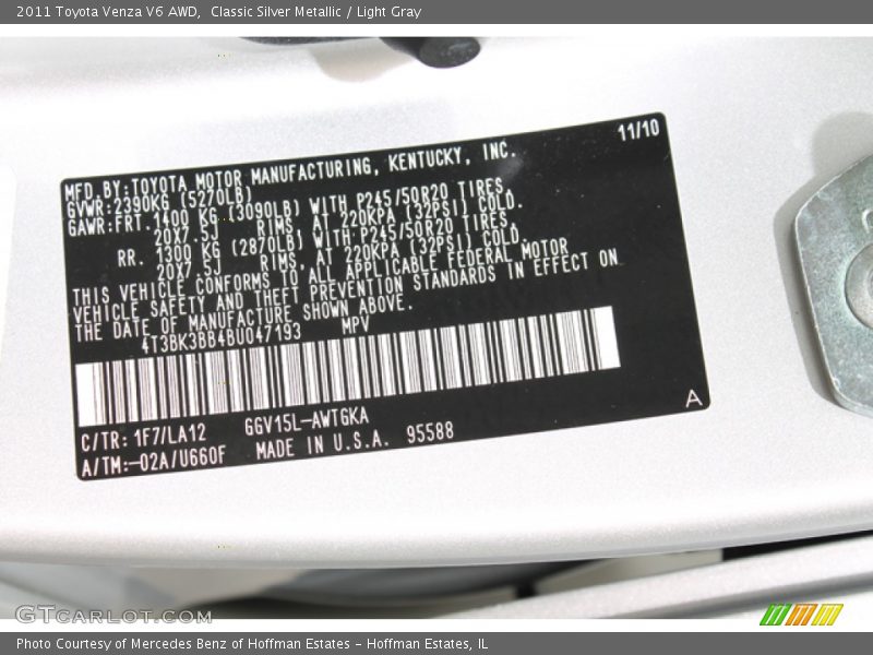 Classic Silver Metallic / Light Gray 2011 Toyota Venza V6 AWD