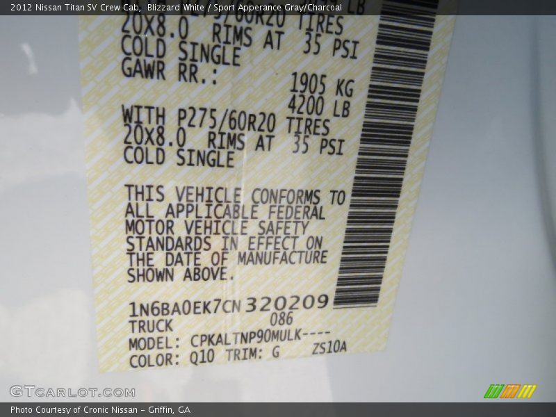 2012 Titan SV Crew Cab Blizzard White Color Code Q10