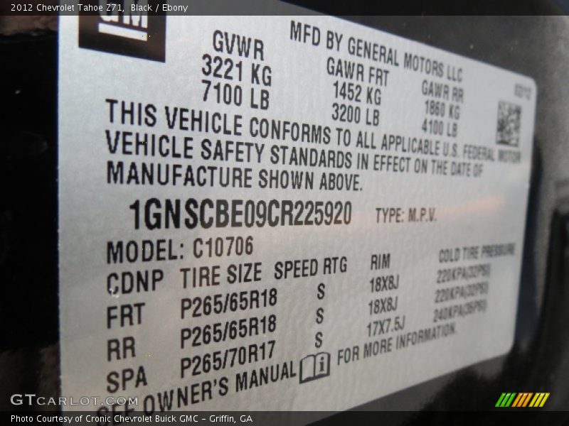 Black / Ebony 2012 Chevrolet Tahoe Z71