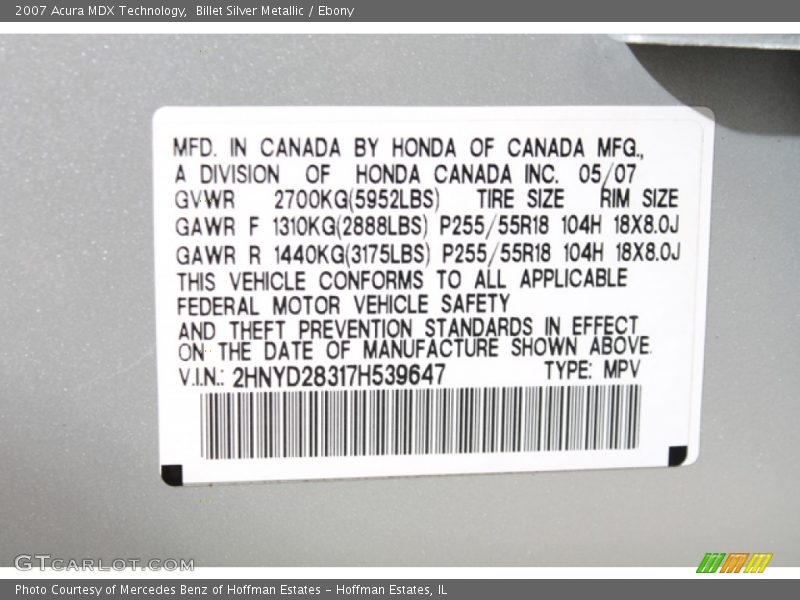 Billet Silver Metallic / Ebony 2007 Acura MDX Technology