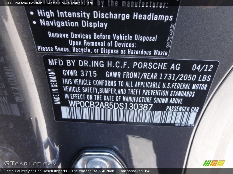 Agate Grey Metallic / Black 2013 Porsche Boxster S