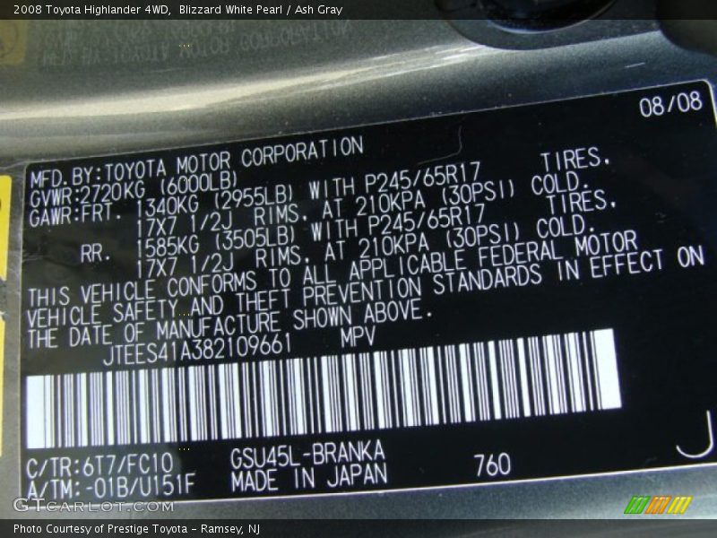 Blizzard White Pearl / Ash Gray 2008 Toyota Highlander 4WD