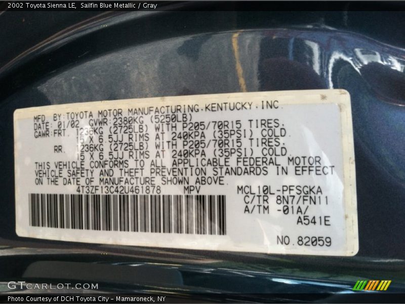 2002 Sienna LE Sailfin Blue Metallic Color Code 8N7