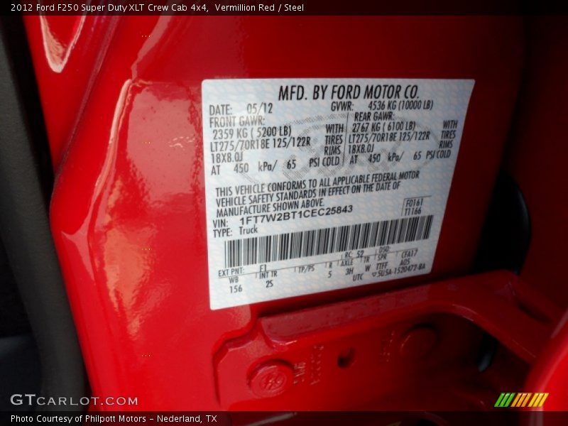 2012 F250 Super Duty XLT Crew Cab 4x4 Vermillion Red Color Code F1