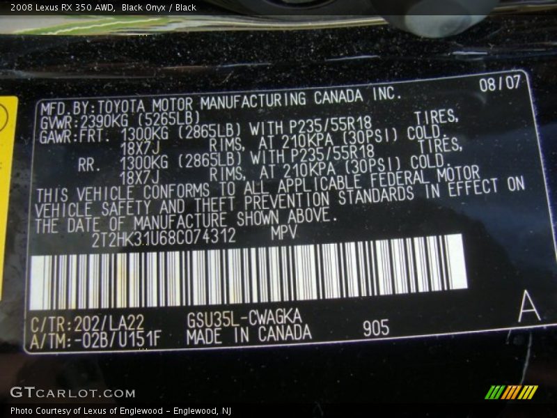 Black Onyx / Black 2008 Lexus RX 350 AWD