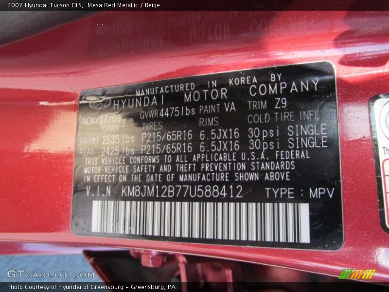 Mesa Red Metallic / Beige 2007 Hyundai Tucson GLS