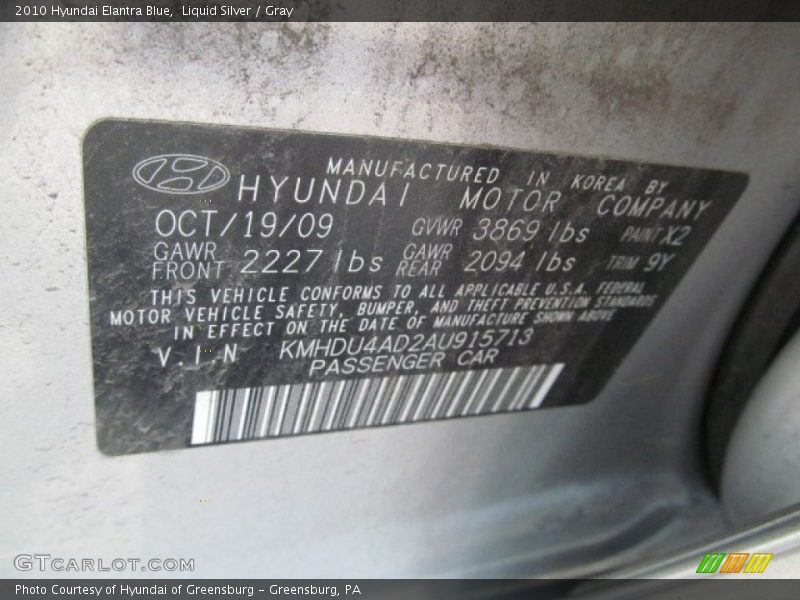 Liquid Silver / Gray 2010 Hyundai Elantra Blue