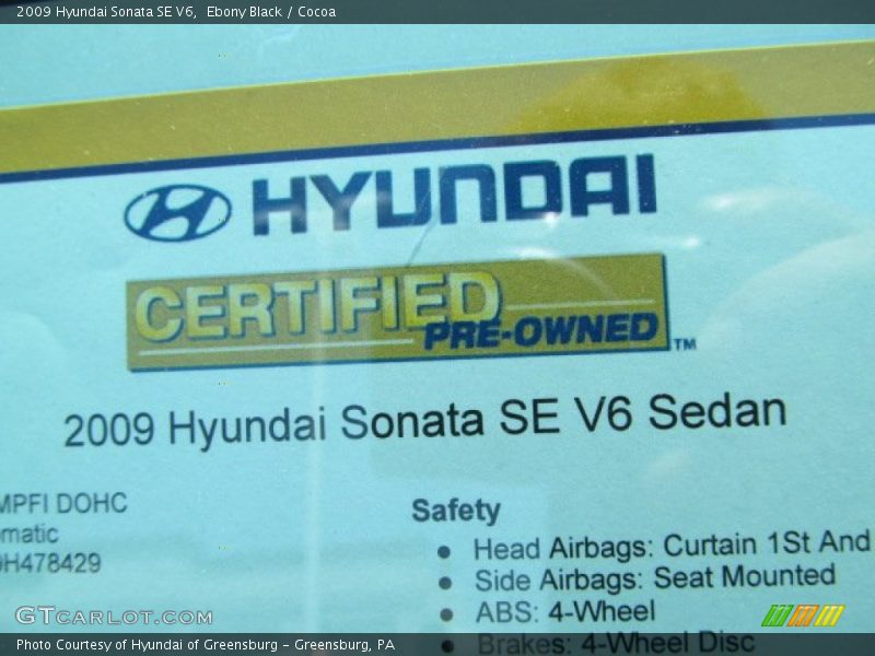Ebony Black / Cocoa 2009 Hyundai Sonata SE V6