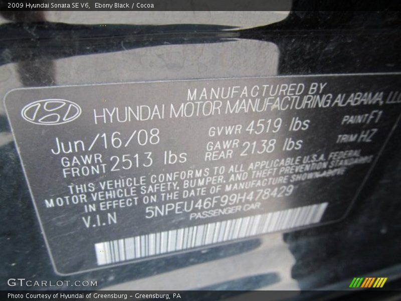 Ebony Black / Cocoa 2009 Hyundai Sonata SE V6