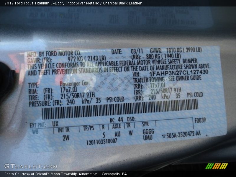 2012 Focus Titanium 5-Door Ingot Silver Metallic Color Code UX