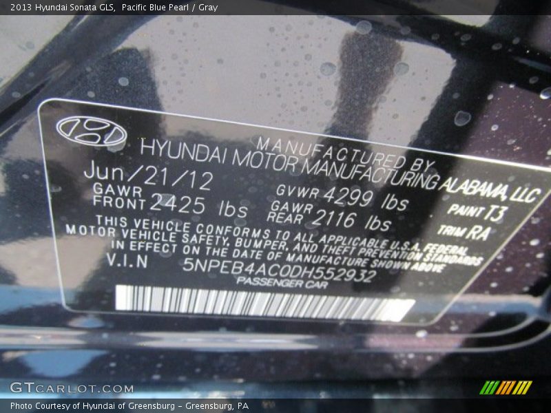 Pacific Blue Pearl / Gray 2013 Hyundai Sonata GLS