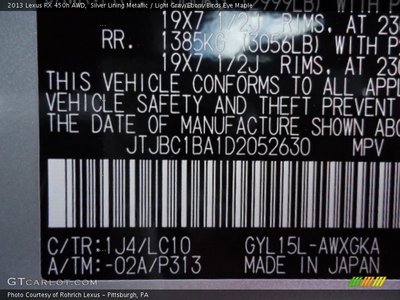 Silver Lining Metallic / Light Gray/Ebony Birds Eye Maple 2013 Lexus RX 450h AWD