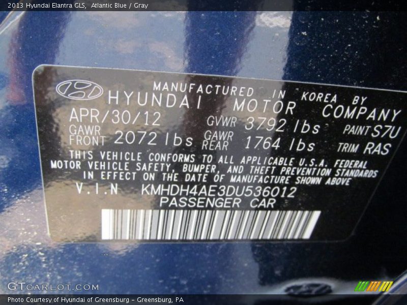 Atlantic Blue / Gray 2013 Hyundai Elantra GLS