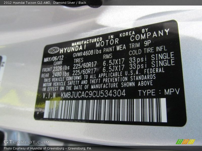 Diamond Silver / Black 2012 Hyundai Tucson GLS AWD