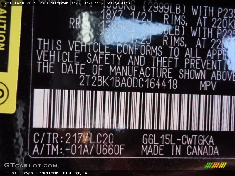 Stargazer Black / Black/Ebony Birds Eye Maple 2013 Lexus RX 350 AWD