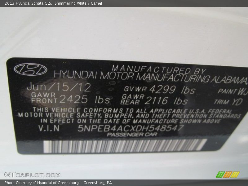 Shimmering White / Camel 2013 Hyundai Sonata GLS