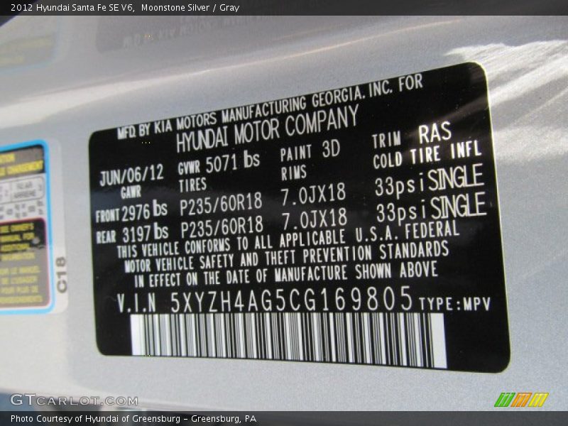 Moonstone Silver / Gray 2012 Hyundai Santa Fe SE V6
