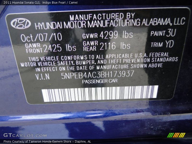 Indigo Blue Pearl / Camel 2011 Hyundai Sonata GLS