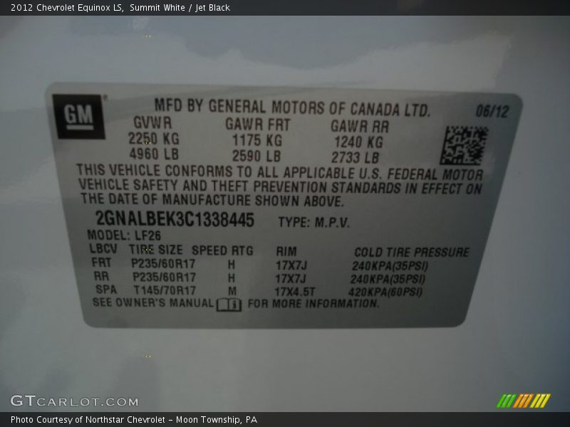 Summit White / Jet Black 2012 Chevrolet Equinox LS