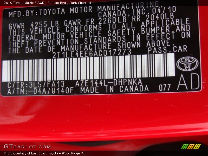 Radiant Red / Dark Charcoal 2010 Toyota Matrix S AWD