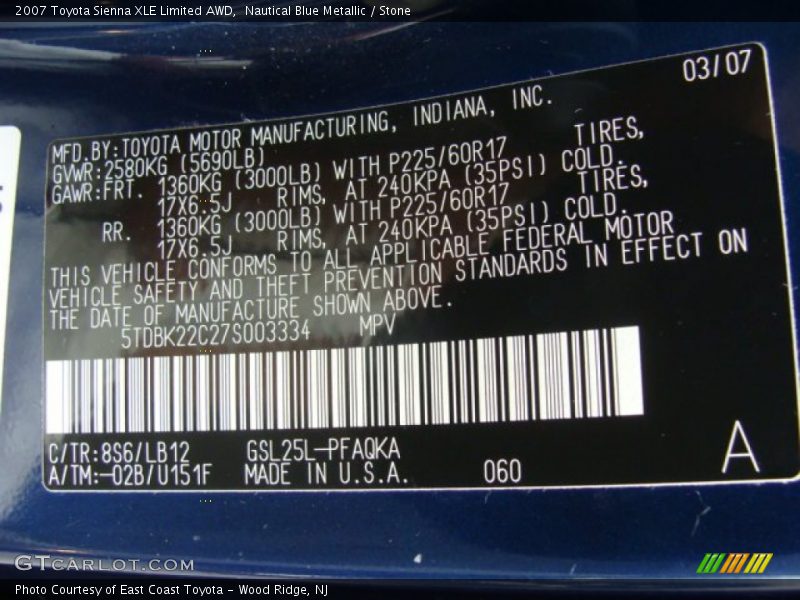 Nautical Blue Metallic / Stone 2007 Toyota Sienna XLE Limited AWD