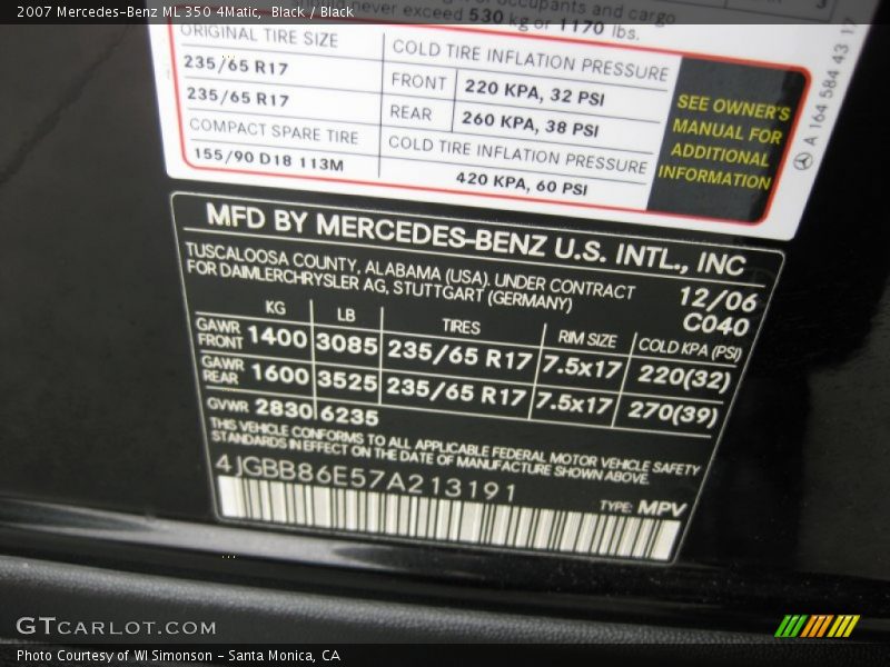 Black / Black 2007 Mercedes-Benz ML 350 4Matic