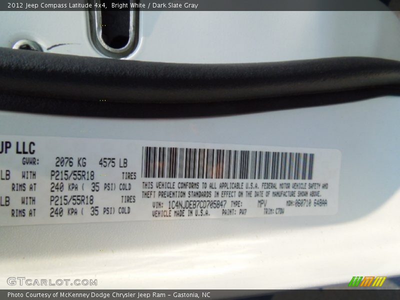2012 Compass Latitude 4x4 Bright White Color Code PW7