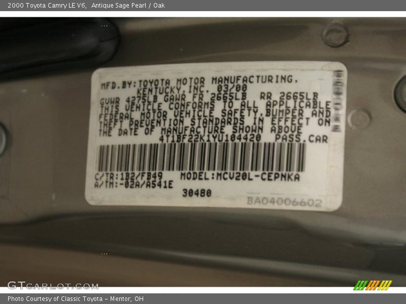 Antique Sage Pearl / Oak 2000 Toyota Camry LE V6