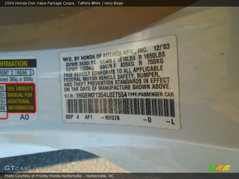 Taffeta White / Ivory Beige 2004 Honda Civic Value Package Coupe