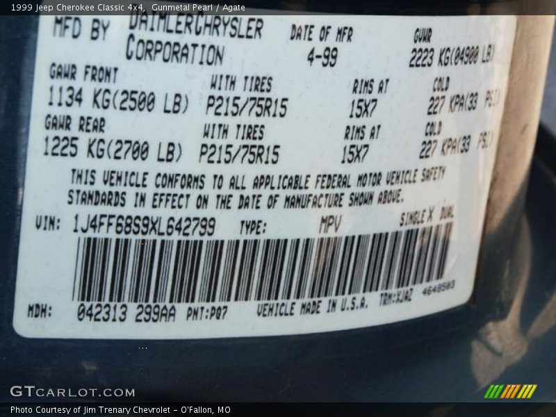 1999 Cherokee Classic 4x4 Gunmetal Pearl Color Code PQ7