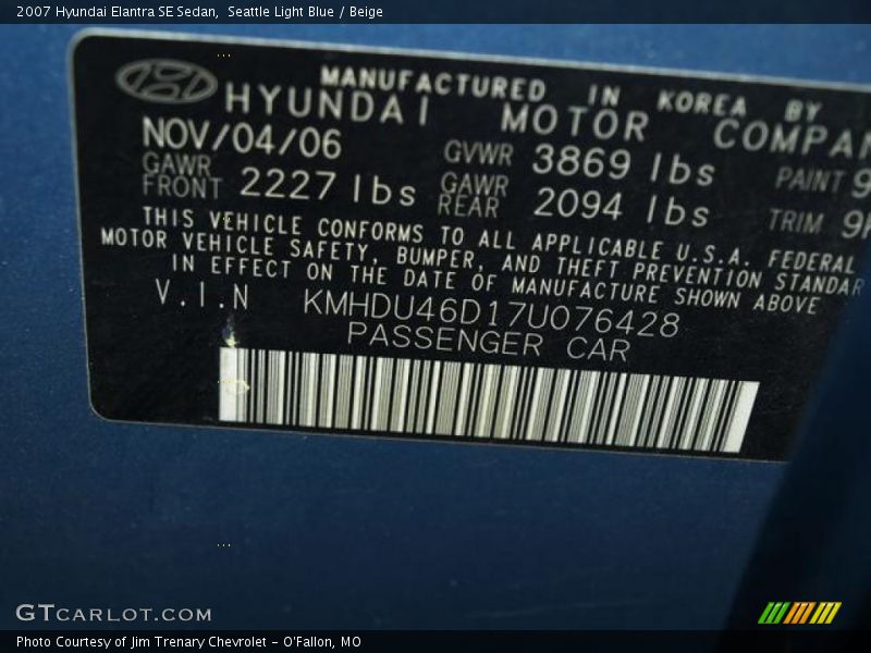 Seattle Light Blue / Beige 2007 Hyundai Elantra SE Sedan