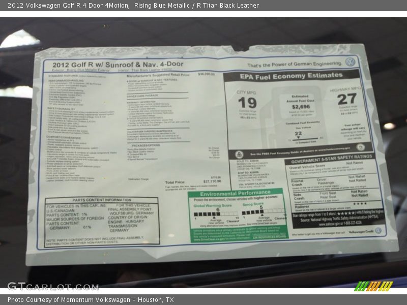  2012 Golf R 4 Door 4Motion Window Sticker