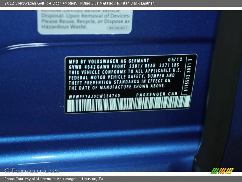 Rising Blue Metallic / R Titan Black Leather 2012 Volkswagen Golf R 4 Door 4Motion