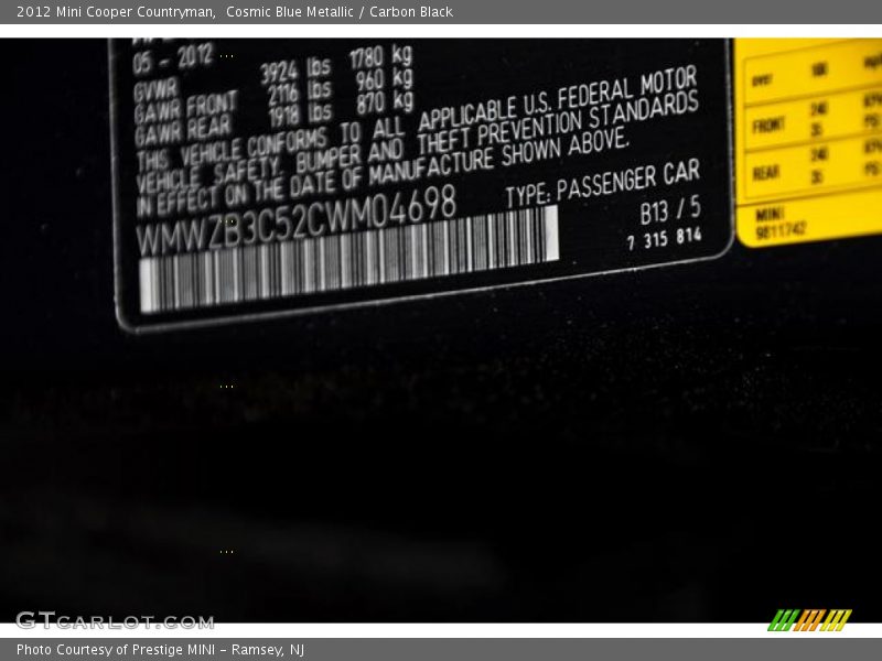 2012 Cooper Countryman Cosmic Blue Metallic Color Code B13
