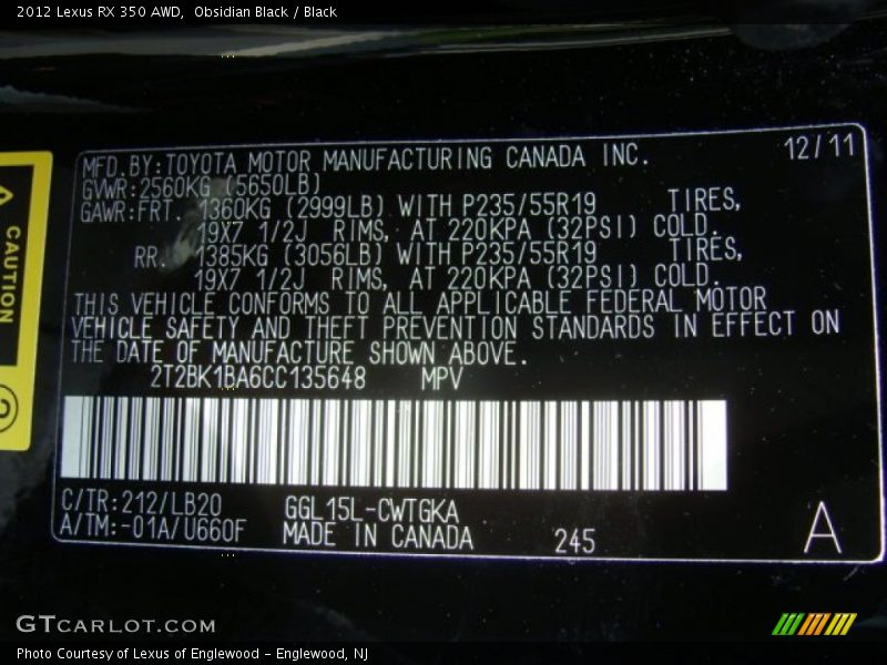 Obsidian Black / Black 2012 Lexus RX 350 AWD