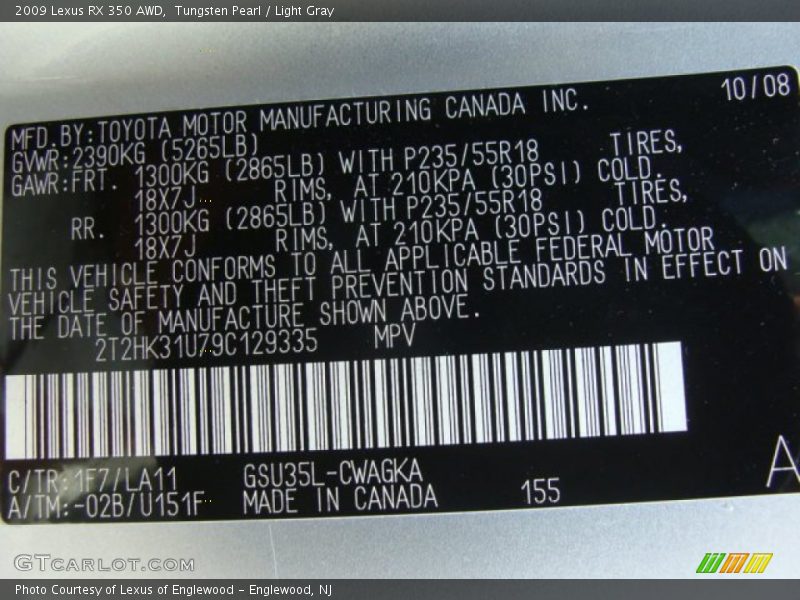 Tungsten Pearl / Light Gray 2009 Lexus RX 350 AWD