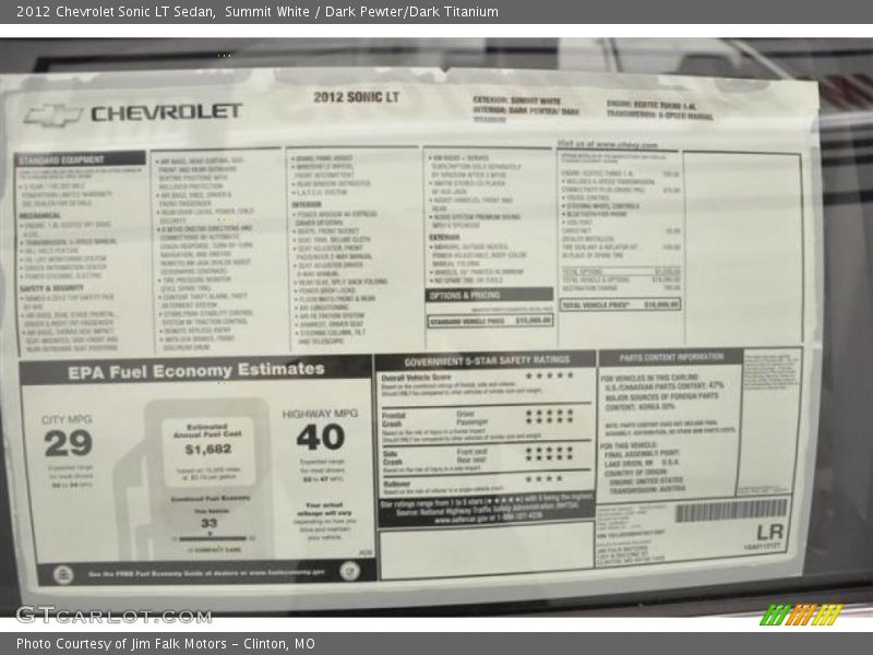  2012 Sonic LT Sedan Window Sticker