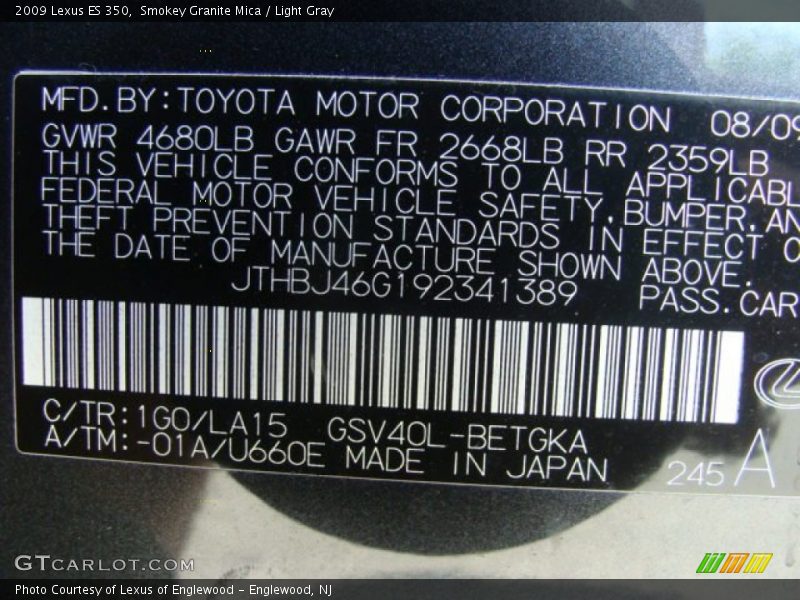 Smokey Granite Mica / Light Gray 2009 Lexus ES 350