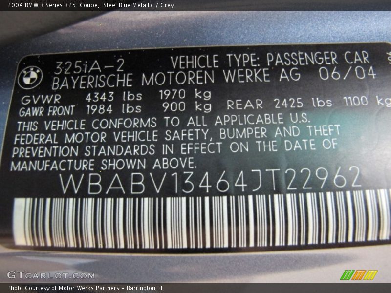 Info Tag of 2004 3 Series 325i Coupe