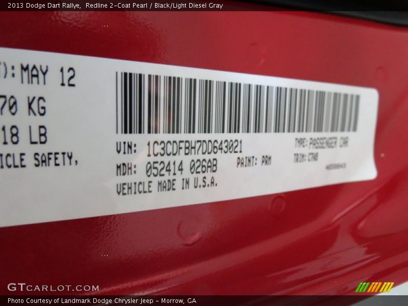 2013 Dart Rallye Redline 2-Coat Pearl Color Code PRM