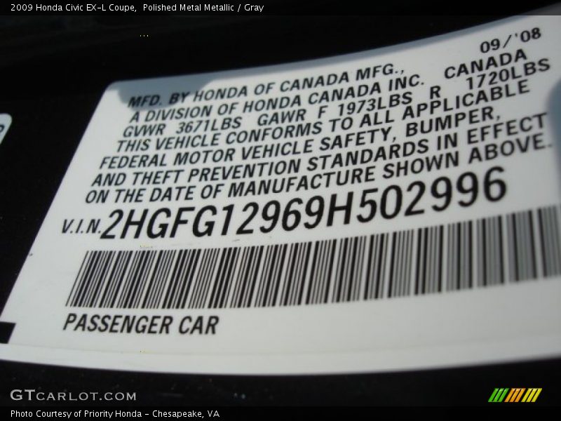 Polished Metal Metallic / Gray 2009 Honda Civic EX-L Coupe