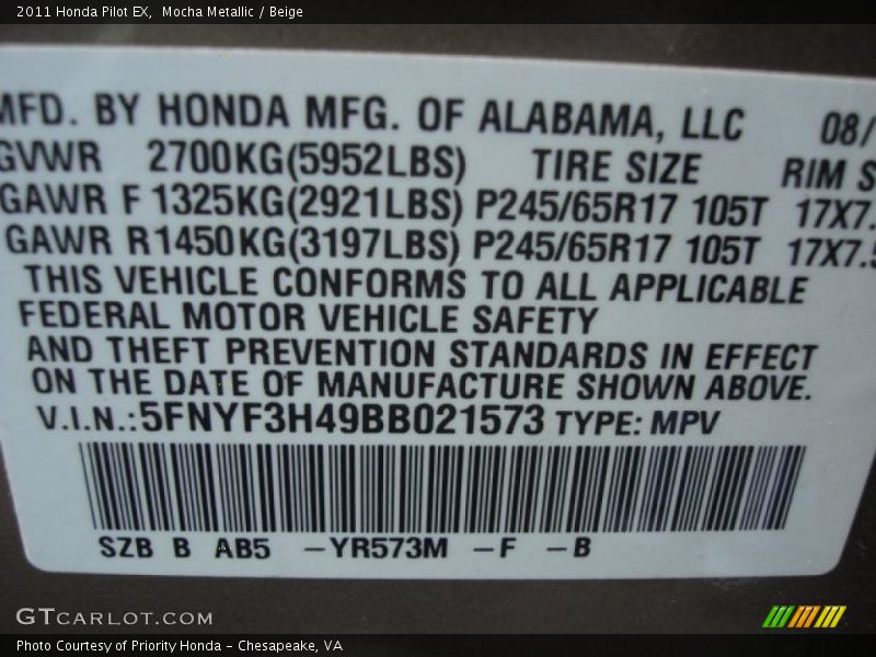 Mocha Metallic / Beige 2011 Honda Pilot EX