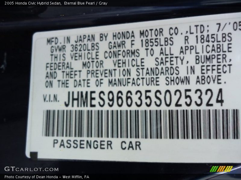 Eternal Blue Pearl / Gray 2005 Honda Civic Hybrid Sedan