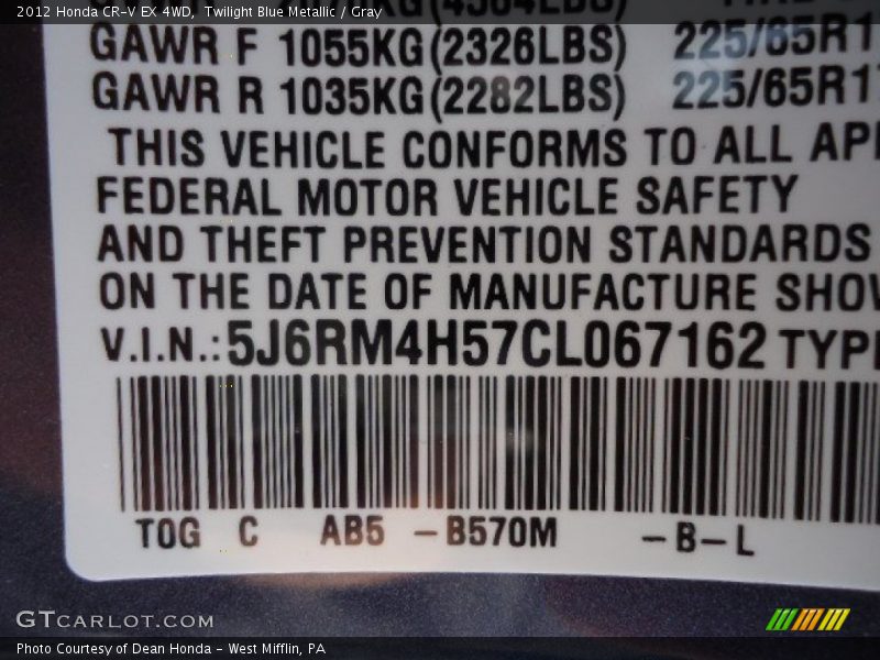 Twilight Blue Metallic / Gray 2012 Honda CR-V EX 4WD