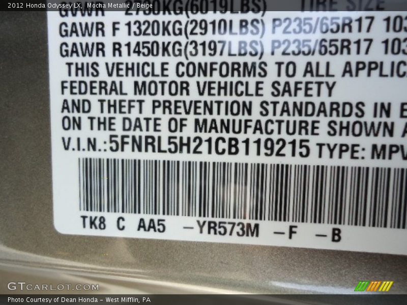 2012 Odyssey LX Mocha Metallic Color Code YR573M